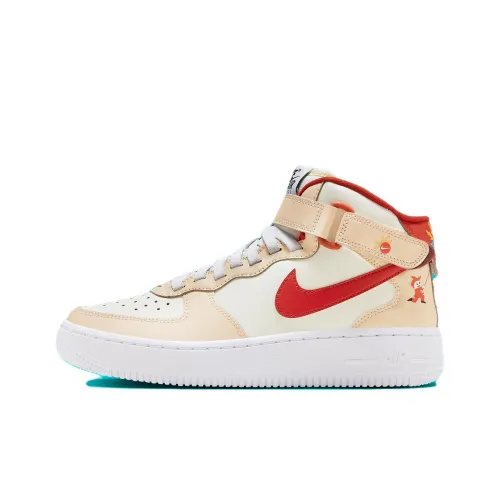 Nike Air FORCE 1 'Год дракона' Устойчивый к истиранию MID Топ Детские Баскетбольные кроссовки Бежево-красный