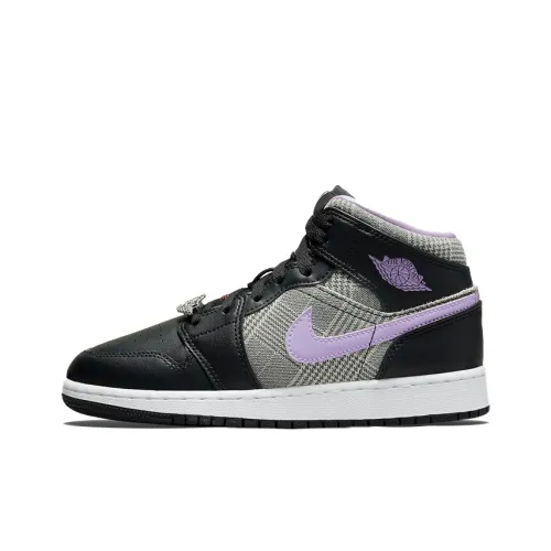 Jordan Air Jordan 1 MID SE 'Гусиная лапка' Устойчивый к истиранию MID Топ Детские Баскетбольные Кроссовки Черный Фиолетовый