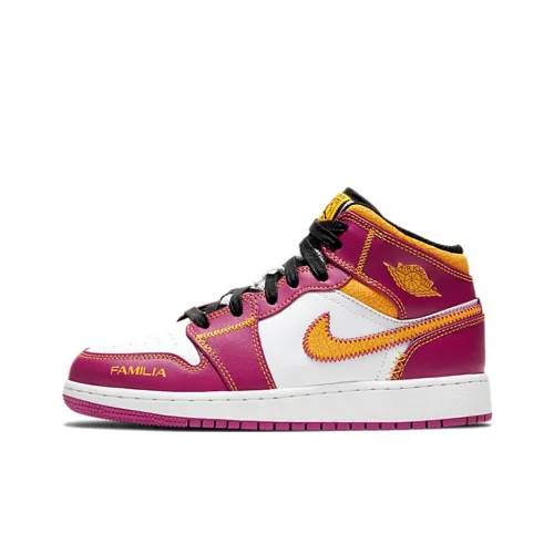 Jordan Air Jordan 1 MID 'Familia' Нижняя юбка Резистентные амортизаторы MID Топ Детские баскетбольные кроссовки Белый Желтый Розовый