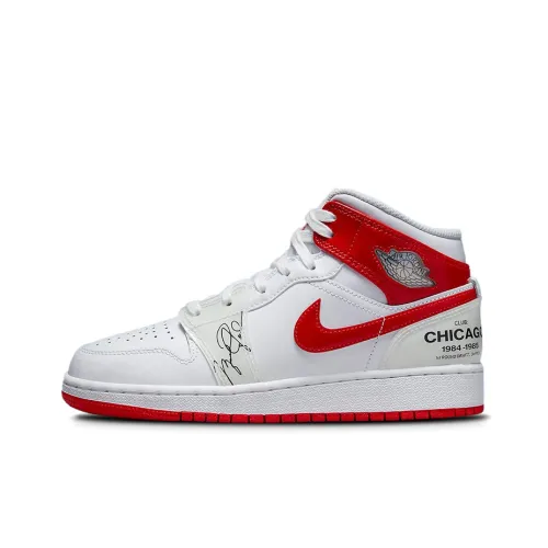 Jordan Air Jordan 1 MID Rookie Season Устойчивый к истиранию MID Топ Детские Баскетбольные кроссовки Белый Красный