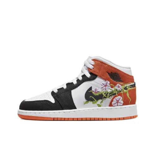 Jordan Air Jordan 1 MID Устойчивый к истиранию MID Топ Детские Баскетбольные кроссовки Черный Белый Оранжевый