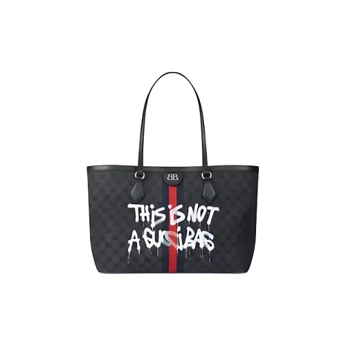 GUCCI Balenciaga Коллаборация Покрытый холст Сумка Тоут Сумка Сумка для покупок Сумка на плечо Женская Черная и Серая