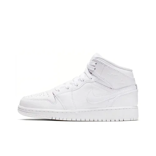 Jordan Air Jordan 1 MID Triple White Устойчивый к истиранию MID Топ Детские Баскетбольные кроссовки Pure White