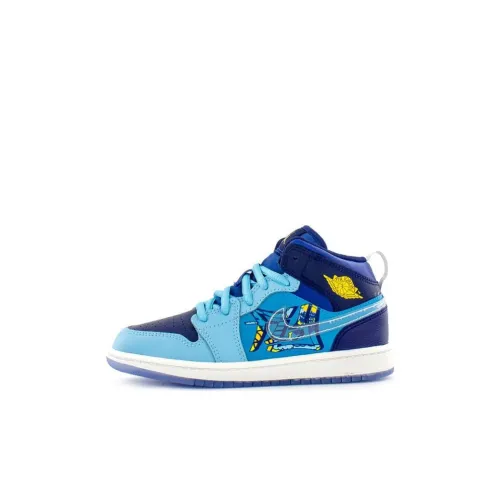 Jordan Air Jordan 1 MID 'FLY' MID Топ Баскетбольные кроссовки Синий желтый Для детей 3-7 лет