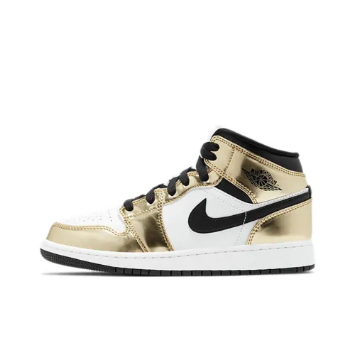 Jordan 1 MID Металлик Золотой Устойчивый к истиранию MID Топ Детские Баскетбольные кроссовки Жидкое золото