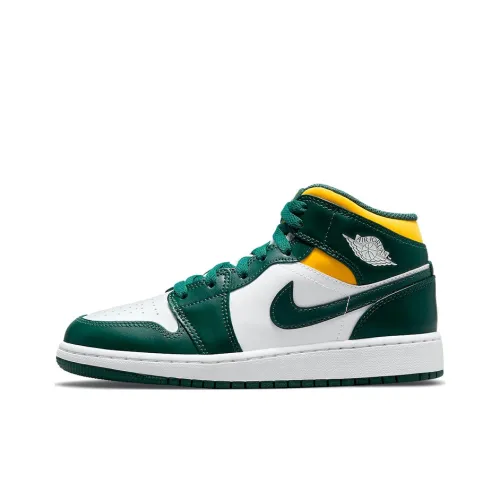 Jordan Air Jordan 1 'Зеленый Желтый' MID Топ Детские Баскетбольные Кроссовки Белый Зеленый Желтый