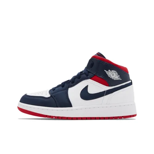 Jordan Air Jordan 1 MID 'Olympic' Устойчивый к истиранию MID Топ Детские Баскетбольные Кроссовки Белый Синий Красный