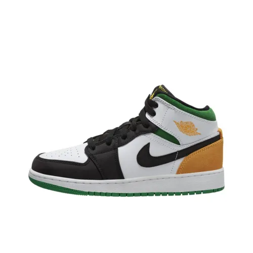 Jordan Air Jordan 1 MID Устойчивый к истиранию MID Топ Детские Баскетбольные кроссовки Белый Зеленый Желтый