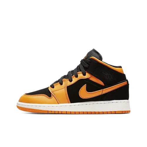 Jordan Air Jordan 1 MID Нижняя юбка Резистентные амортизаторы MID Топ Детские баскетбольные кроссовки Черный Оранжевый Подростки