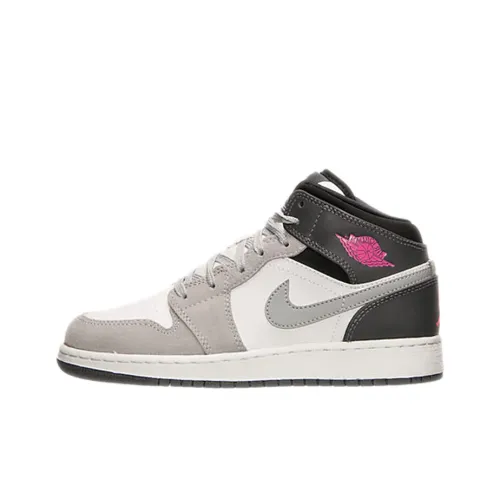 Jordan Air Jordan 1 MID Нижняя юбка Резистентный Легкий Амортизация MID Топ Детские Баскетбольные кроссовки Серо-розовый Подростки
