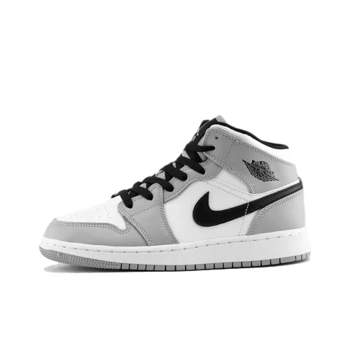 Jordan Air Jordan 1 MID 'LT Дымчато-серый' Little DIOR Устойчивый к истиранию MID Топ Детские Баскетбольные кроссовки Серый Белый