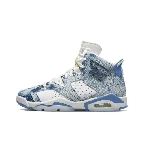 Jordan Air Jordan 6 Ретро 'Washed Denim' Устойчивый к истиранию Высокий Топ Детские Баскетбольные Кроссовки Белый Синий