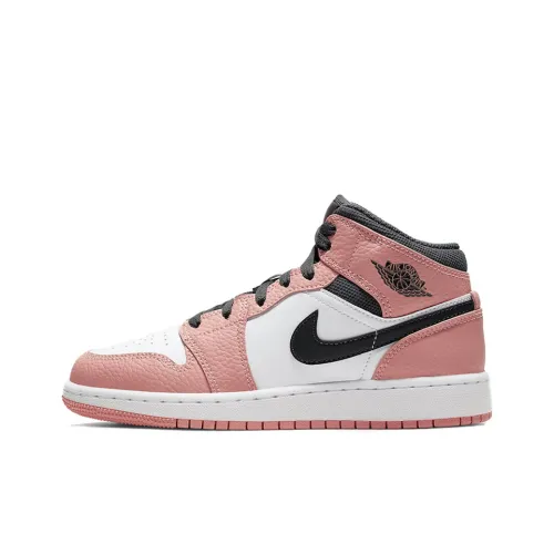 Jordan Air Jordan 1 MID 'Розовый Кварц' Устойчивый к истиранию MID Топ Детские Баскетбольные кроссовки Розовый Белый Черный