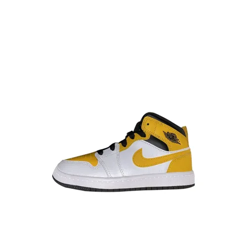 Jordan Air Jordan 1 MID Устойчивый к истиранию MID Топ Детские баскетбольные кроссовки Желтый Белый Для детей 3-7 лет
