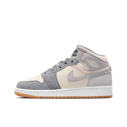 Jordan Air Jordan 1 MID Нижняя юбка Устойчивая к истиранию MID Топ Детские баскетбольные кроссовки Кремово-белый