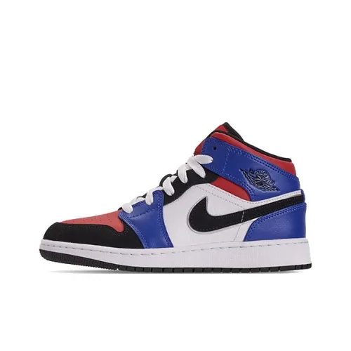 Jordan Air Jordan 1 MID Устойчивый к истиранию MID Топ Детские Баскетбольные кроссовки Черный Белый Красный