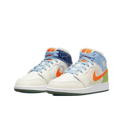 Jordan Air Jordan 1 MID SE 'Стич' Устойчивый к истиранию MID Топ Детские Баскетбольные кроссовки Белый Оранжевый