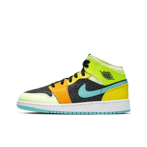 Jordan Air Jordan 1 MID SE Амортизация MID Топ Детские Баскетбольные Кроссовки Зеленый Желтый Синий Оранжевый