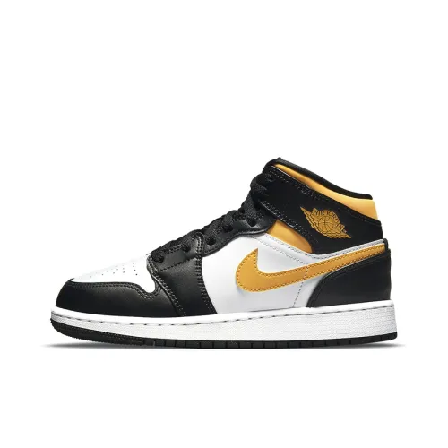 Jordan Air Jordan 1 MID Устойчивый к истиранию MID Топ Детские Баскетбольные кроссовки Черный Белый Золото