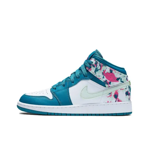 Jordan Air Jordan 1 MID Устойчивый к истиранию MID Топ Детские Баскетбольные кроссовки Синий Розовый