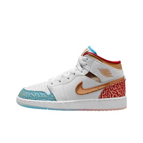 Jordan Air Jordan 1 MID 'UNC To Чикаго' Устойчивый к истиранию MID Топ Детские Баскетбольные кроссовки Белый Синий Красный