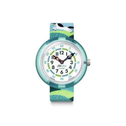 SWATCH Flik Flak Feifei Series Кварцевый механизм Детские часы 32 мм Белый циферблат Пластиковый корпус Часы Тканевый ремешок
