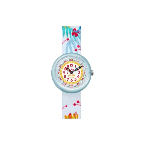 SWATCH Flik Flak Feifei Series Кварцевый механизм Детские часы 32 мм Белый циферблат Пластиковый корпус Часы Тканевый ремешок