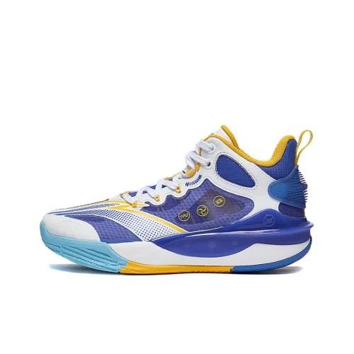 LINING YOUNG Pioneer Spirit TEAM3,0 Детские баскетбольные кроссовки MID Топ Средне-голубой/Стандартный белый/Citrus Желтый Школьный возраст