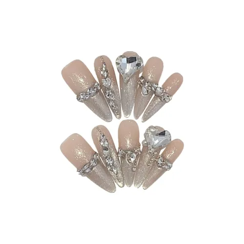 XIBI Градиентный Улыбающийся Ромб Серебряный Сияние Жемчужный Pile Вверх Ромб Ледниковый Кошачий глаз False Nail Укороченный Острый 14 мм