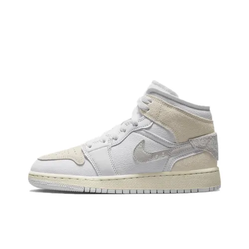 Jordan Air Jordan 1 MID SE Амортизаторы Shock Absorbers Противоскользящие MID Топ Детские Баскетбольные кроссовки Белые Подростковые