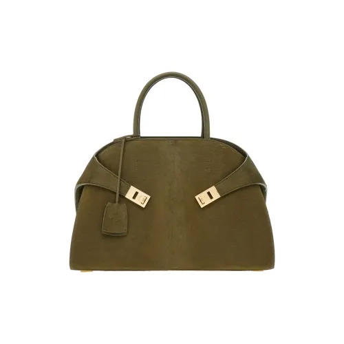 Ferragamo Gancini Hammered Телячья кожа с Пони Кожа Сумка Средний Женские Оливково-зеленый