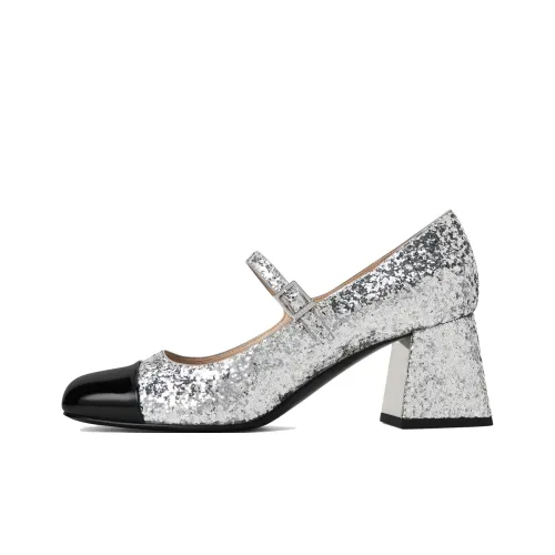 CHARLES KEITH Туфли Мэри Джейн с грубым каблуком 6,1 см женские серебряные