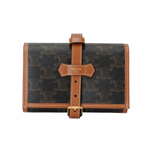 CELINE Triomphe Холст And Телячья кожа Кошелек на молнии Держатель для карт Женские Коричневый