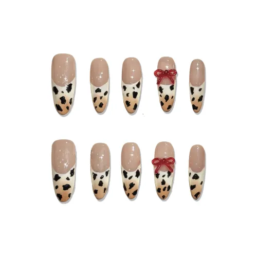 XIAMEIYU Ручная работа Леопардовый принт 3D-эффект False Nail MID Длина (размер в длину) Нюдовый Розовый Телесный Стразы Украшенный 26 мм