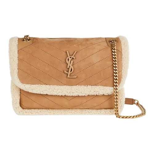 SAINT LAURENT Кожаный пэчворк из кожи шерсть сумка-хобо плечевая сумка средний размер женский бренд CAMEL и бежевый