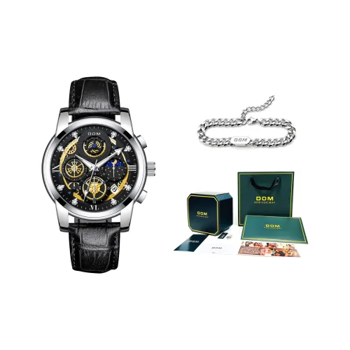 DOM Кварцевый механизм кожаный ремешок мужские часы черный циферблат