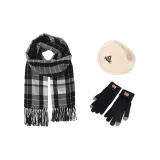 Черный Белый Шарф + Черные Перчатки + Бежевые Меховые Наушники с Капюшоном
