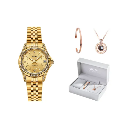 DOM Механические часы Стальной ремешок Женские часы Золотой циферблат