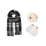 Черный Белый Шарф + Белая Перчатка + Бежевые Меховые Наушники с Капюшоном