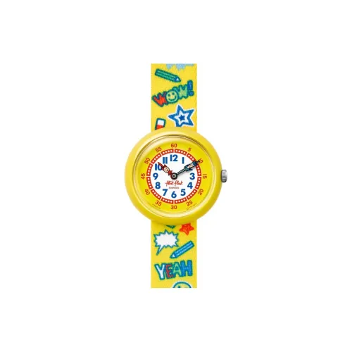 SWATCH Flik Flak Feifei Series Кварцевый механизм Детские часы 31,85 мм Желтый циферблат Часы Пластиковый корпус Часы Тканевый ремешок
