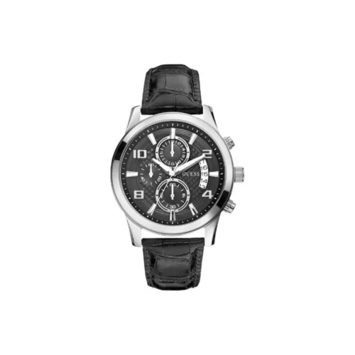 GUESS Наручные часы Кварцевый механизм Кожаный ремешок 44 мм Черный циферблат Мужские часы