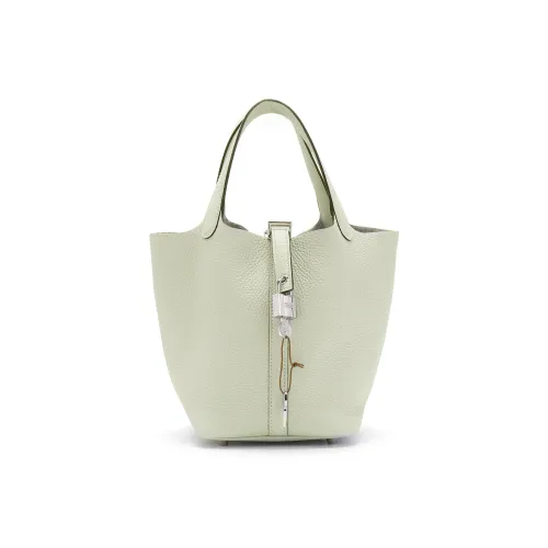 HERMES Picotin Lock Clemence Bullock Кожа Корзина Сумка Ведрообразная Сумка Сумка 18 Женская 0W Gris Neve Кристально-Серый