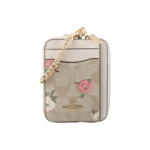 COACH Карточный чехол Холст с покрытием и гладкая кожа Зип-картхолдер Мини Женский Золотой Светлый хаки Мел