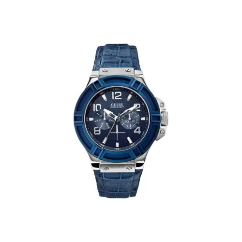 GUESS Наручные часы Кварцевый механизм Кожаный ремешок 45 мм Синий циферблат Мужские часы