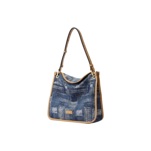 FION Ткань Тоут Сумка Сумка для покупок Сумка на плечо Большая Женская Синяя и Светлая Верблюжья