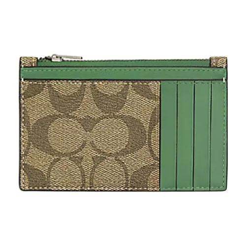 COACH Карточный чехол Подпись Покрытый холст Утонченный Телячья кожа Кошелек Мини Мужской Хаки и Светло-зеленый