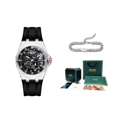 DOM Cut Out Mechanical Collection Механический механизм Резиновый ремешок Часы Унисекс Черный циферблат