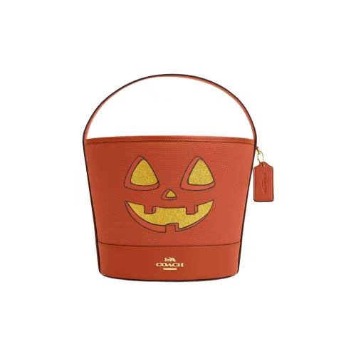 COACH Canvas Кожаная вставка Ведрообразная сумка Средний размер Женская Золото Многоцветный Глубокий Оранжевый