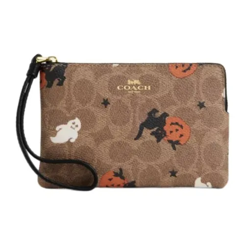 COACH Corner Zip Покрытый холст Запястье Сумка Клатч Мини Женские Золотой Коричневый Черный многоцветный