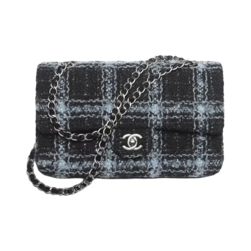 CHANEL Classic Flap CF Шерсть Твид Сумка через плечо Женская Черная Светло-синяя Серая